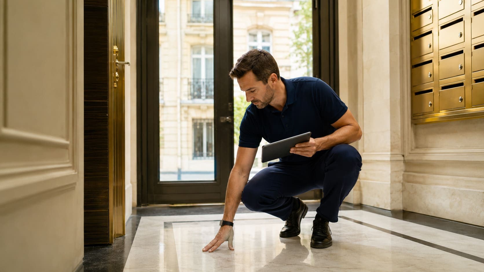 Auditeur CertiClean en inspection dans le hall d'un immeuble résidentiel sur la Côte d'Azur
